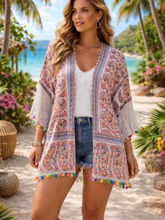 Umgee Tops - Boho Kimono Top Swimsuit Coverup Bohemian Plus Size